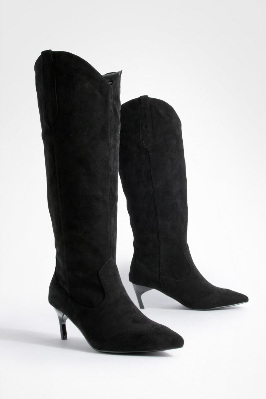 Black Western Detail Low Knee High Boots