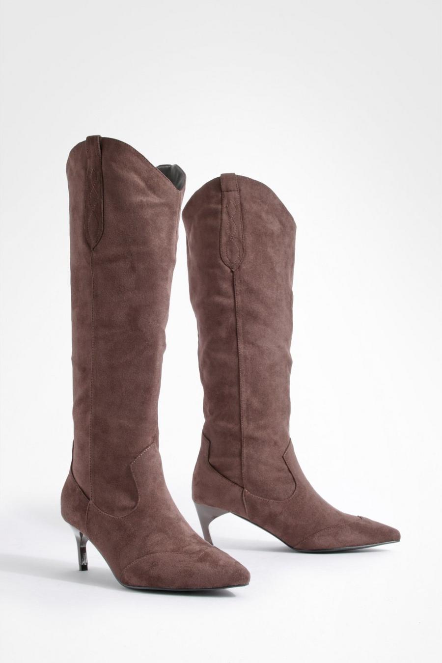 Chocolate Western Detail Low Knee High Boots image number 1