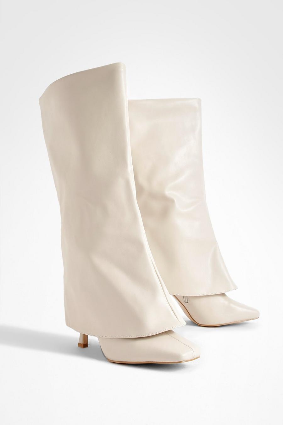Cream Wide Fit Square Toe Foldover Boots image number 1