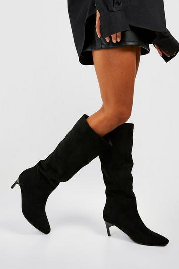 Black Wide Width Low Square Toe Knee High Boots