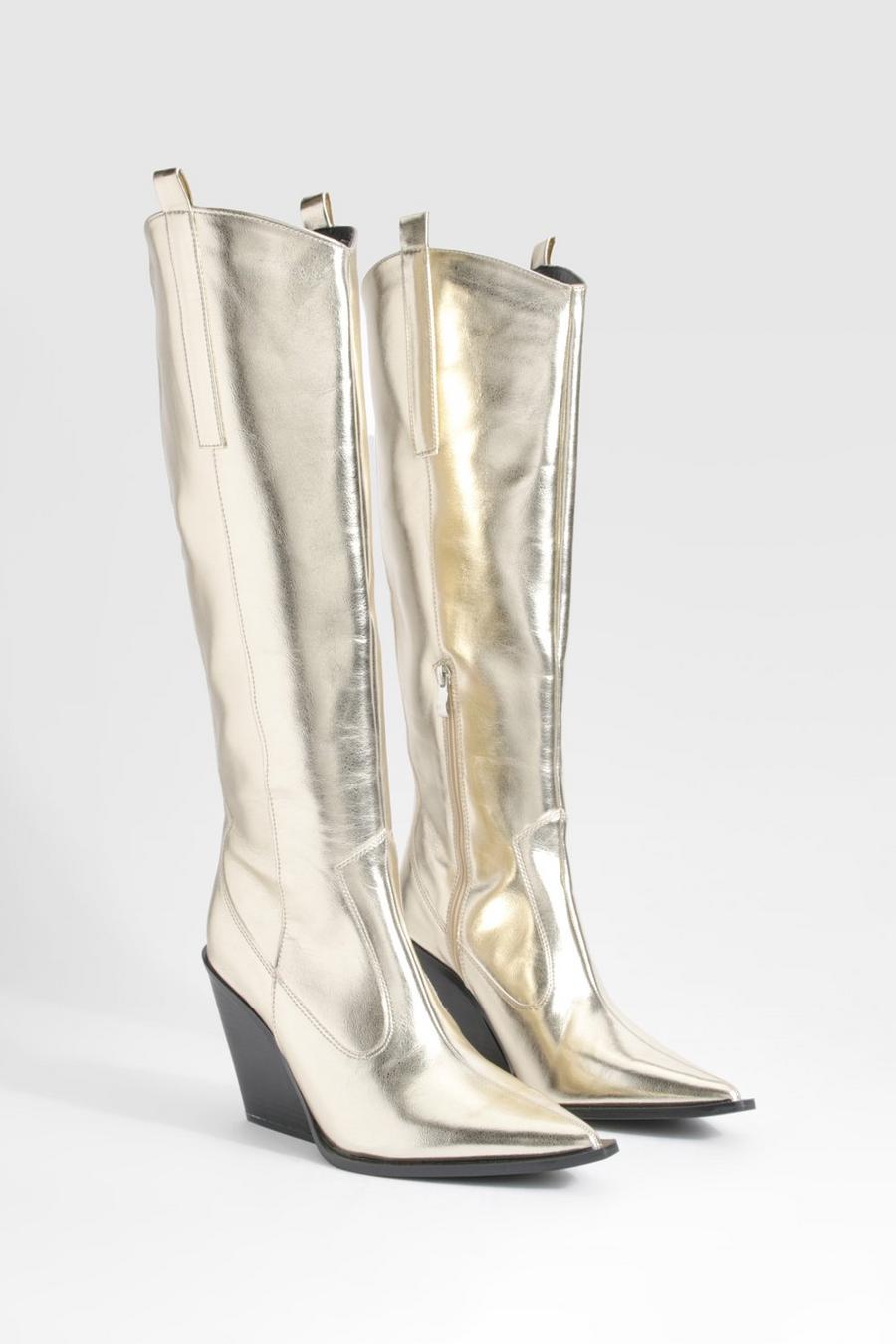 Gold Wide Fit Wedged Western Cowboy Boots image number 1