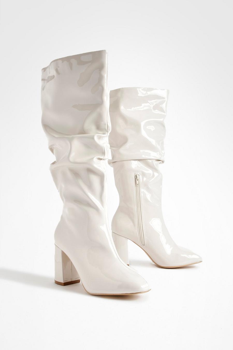 Ecru white Wide Fit Slouchy Block Heel Boots