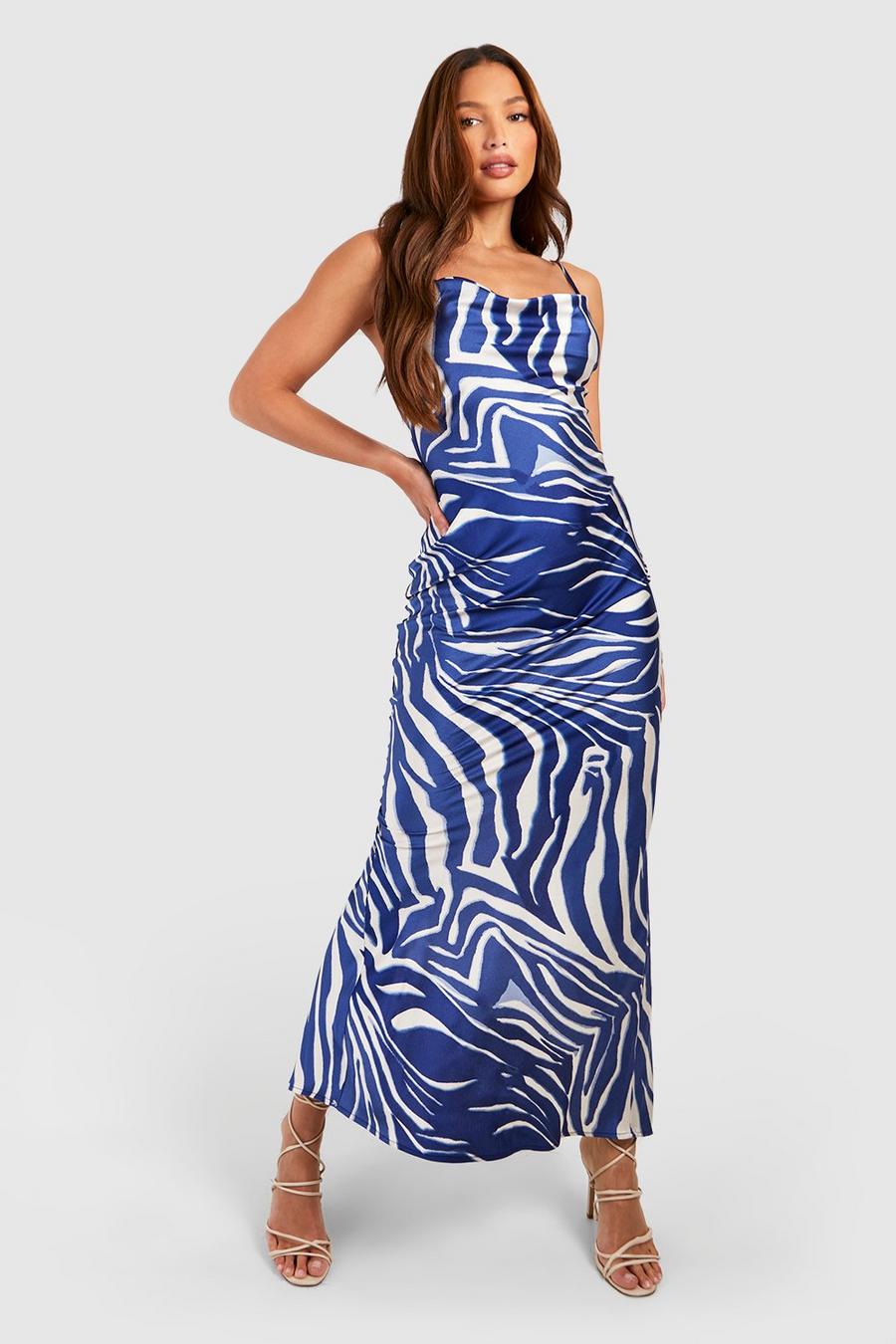 Blue Tall Zebra Print Cowl Strappy Satin Maxi Dress image number 1