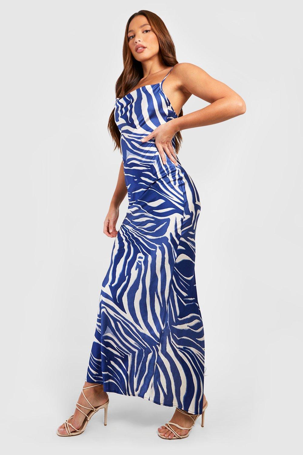 Tall Zebra Print Cowl Strappy Satin Maxi Dress | boohoo