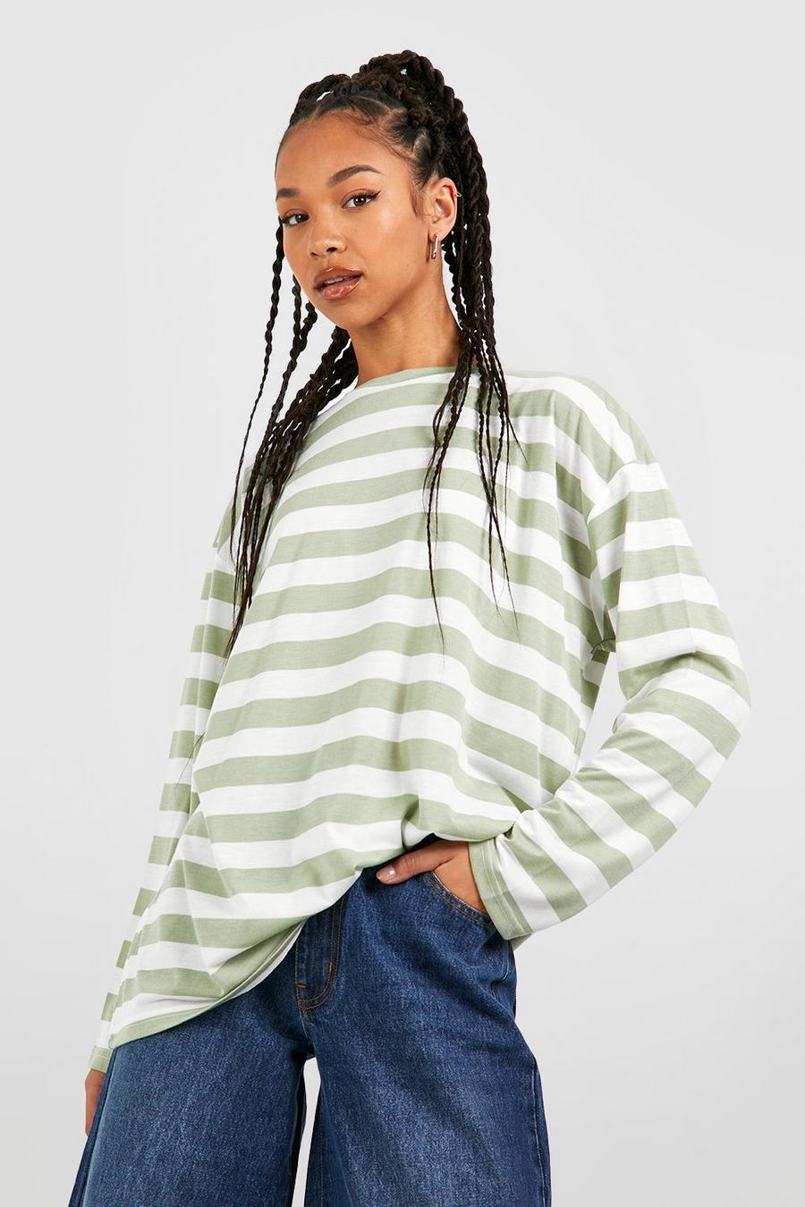 Tall langärmliges Oversize T-Shirt mit breiten Streifen, Green olive image number 1