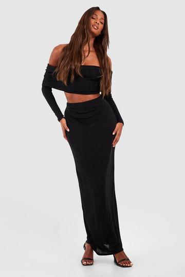 Acetate Slinky Bardot Long Sleeve Top & Maxi Skirt black