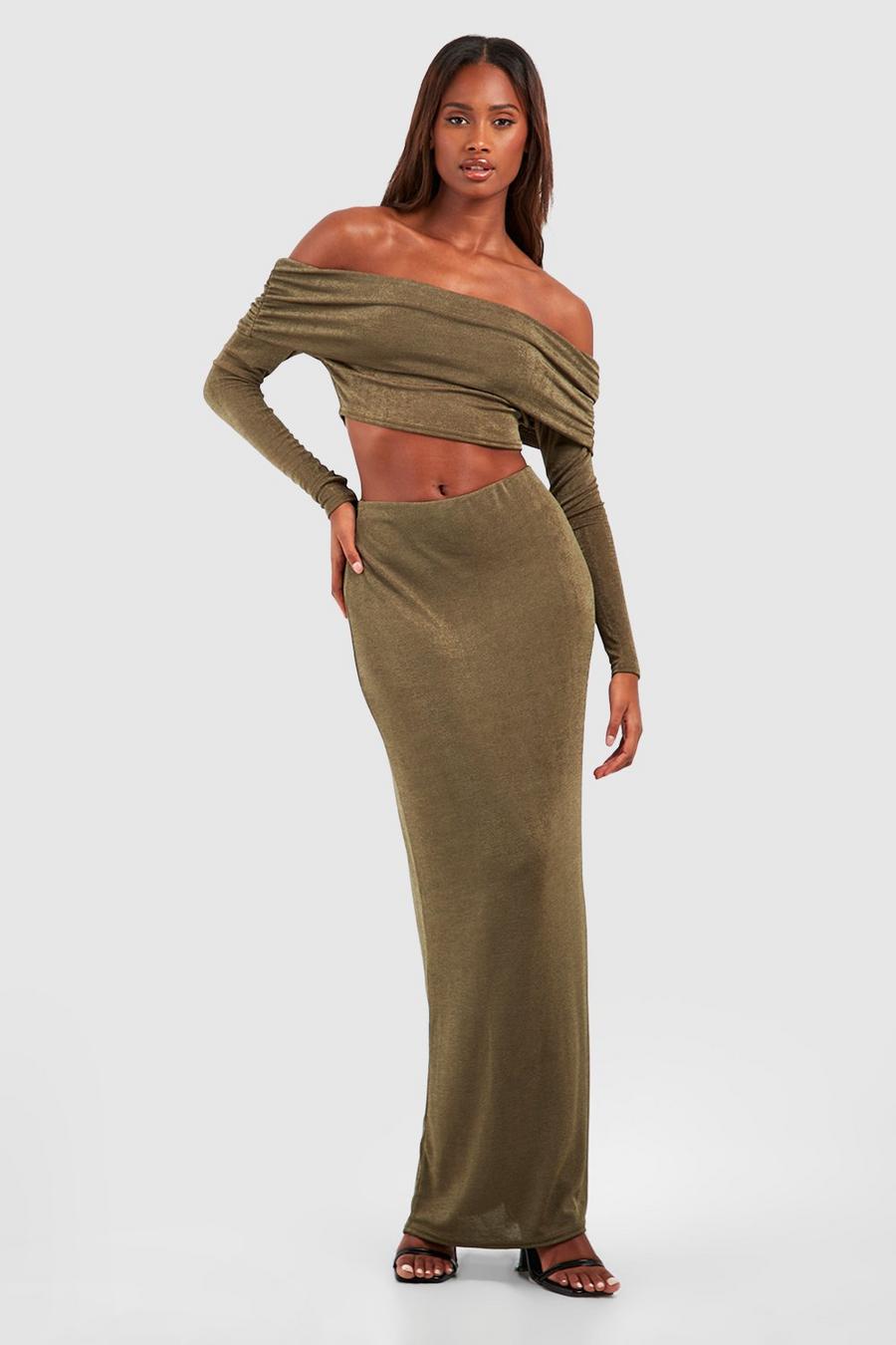 Khaki Acetate Slinky Bardot Long Sleeve Top & Maxi Skirt image number 1
