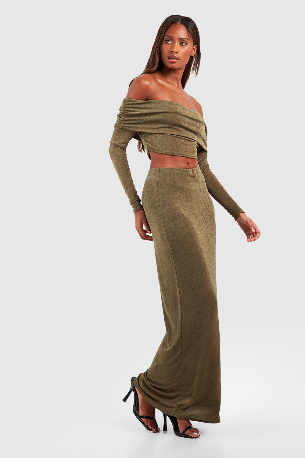 Acetate Slinky Bardot Long Sleeve Top Maxi Skirt