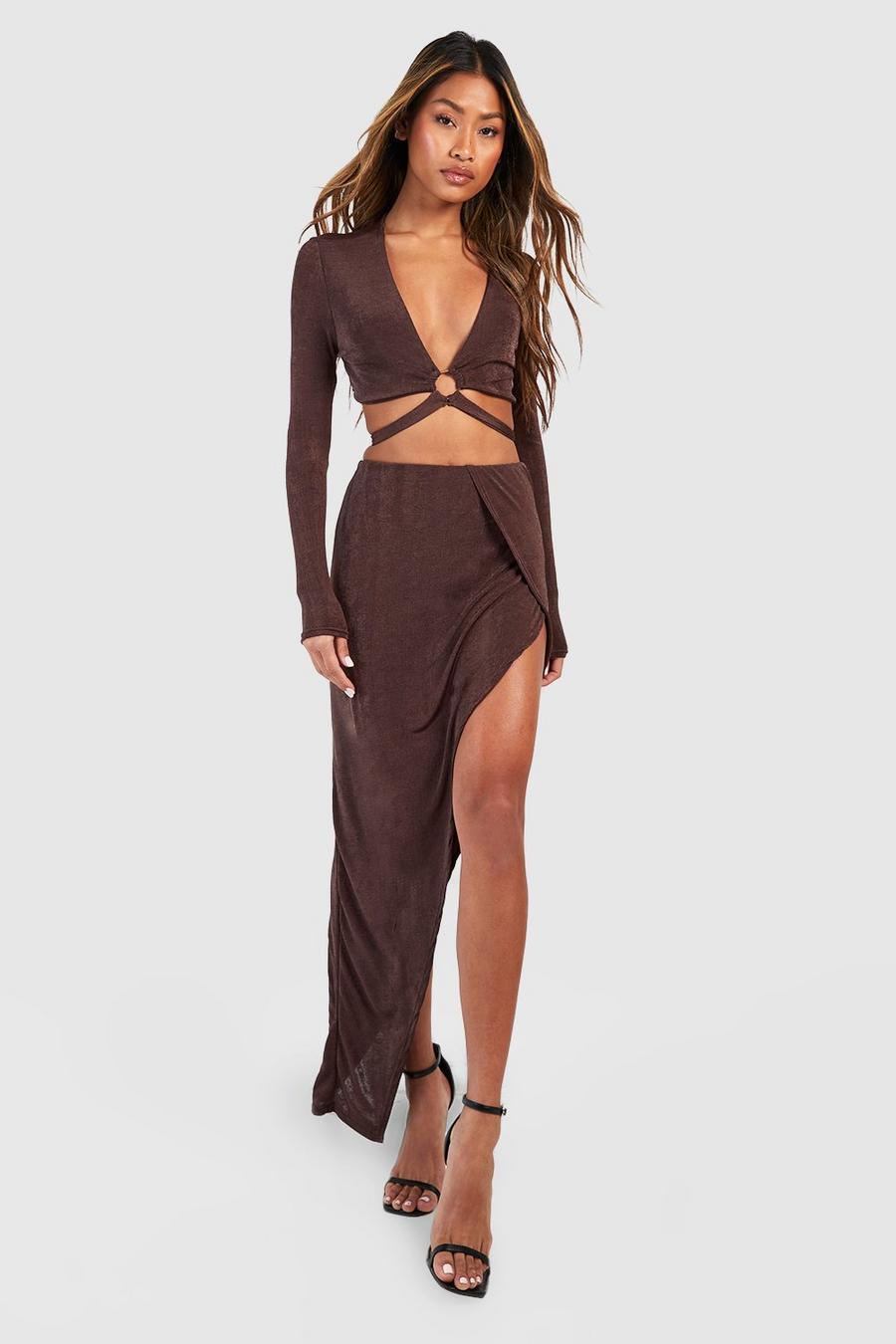 Chocolate Acetate Slinky O Ring Cut Out Top & Maxi Skirt