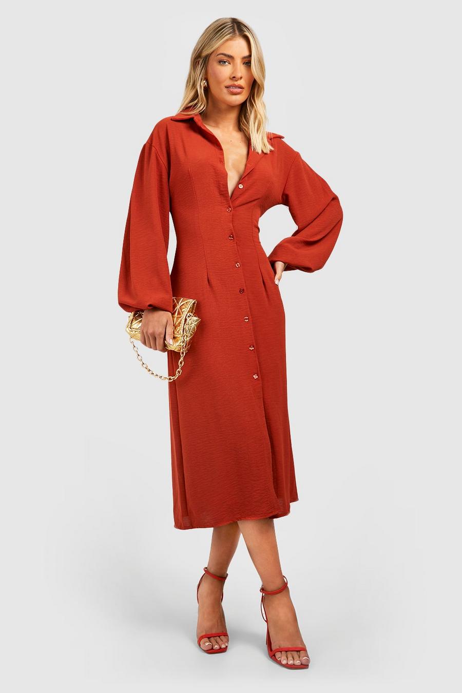 Spice Hammered Puff Sleeve Maxi Shirt Dress image number 1