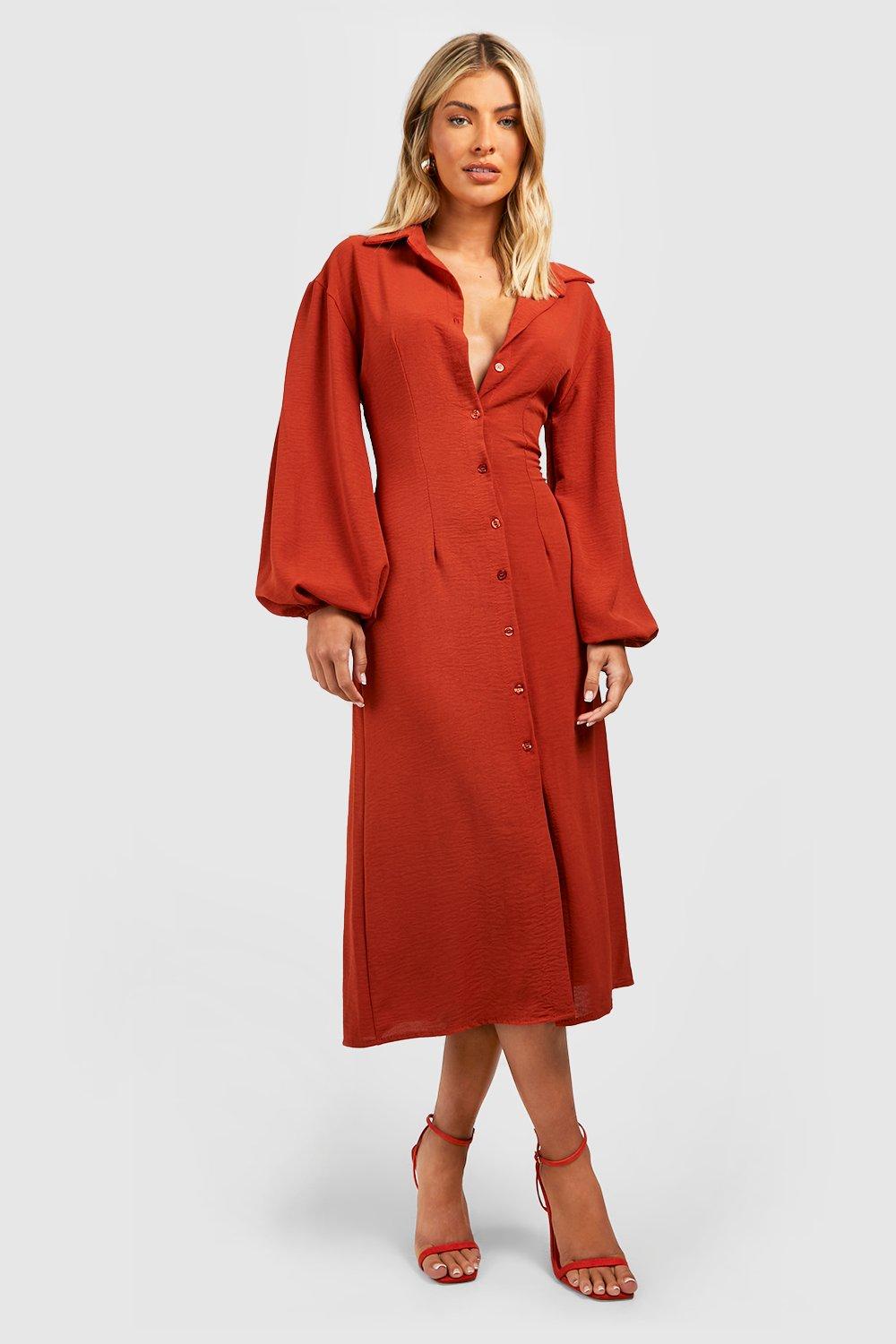 Hammered Puff Sleeve Maxi Shirt Dress