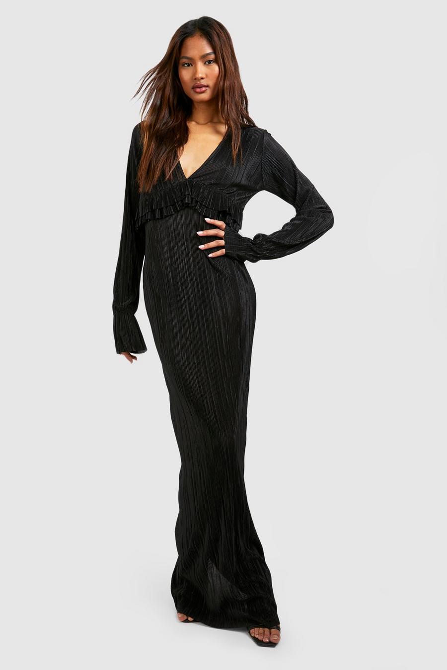 Black svart Tall Plisse Frill Longsleeve Maxi Dress