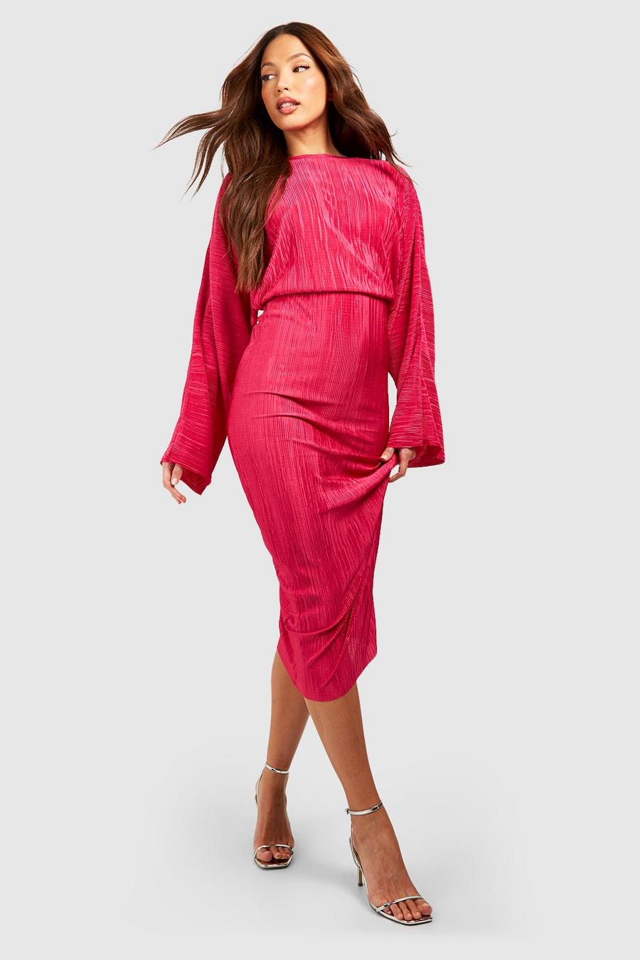 Hot pink Tall Plisse Batwing Plisse Midi Dress image number 1