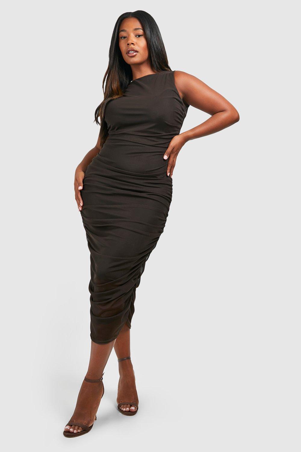 Women's Plus Mesh Wrap Ruched Midi Dress