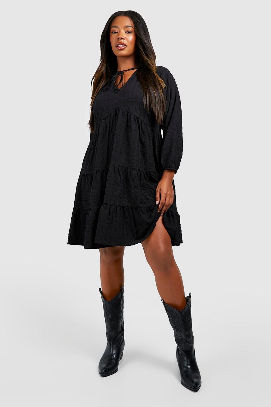 Black Plus Textured Tiered Smock Dress