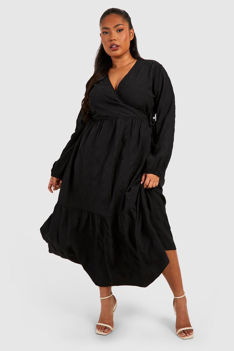 Black Plus Textured Wrap Midi Smock Dress image number 1