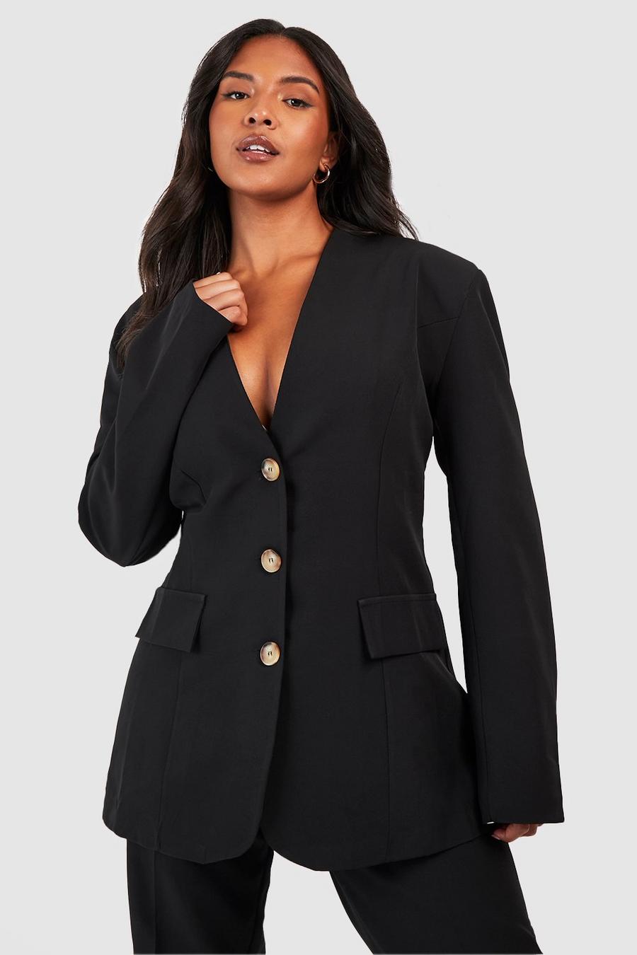 Black Plus Woven Horn Button Long Sleeve Blazer  image number 1