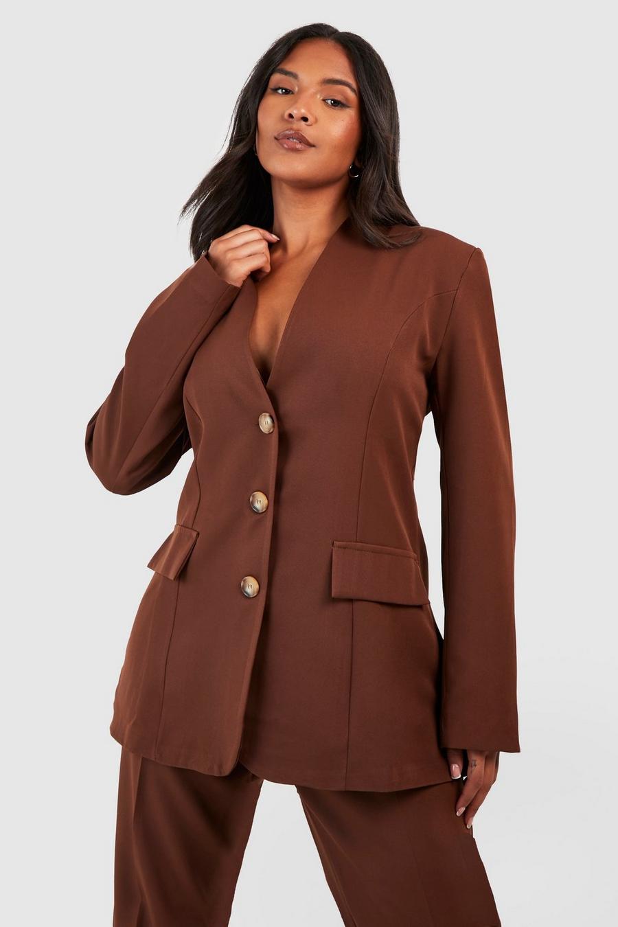 Chocolate Plus Woven Horn Button Long Sleeve Blazer  image number 1
