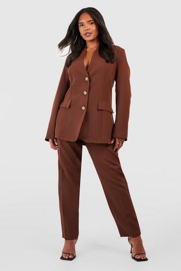 Plus Woven Horn Button Tailored Tapered Trousers chocolate