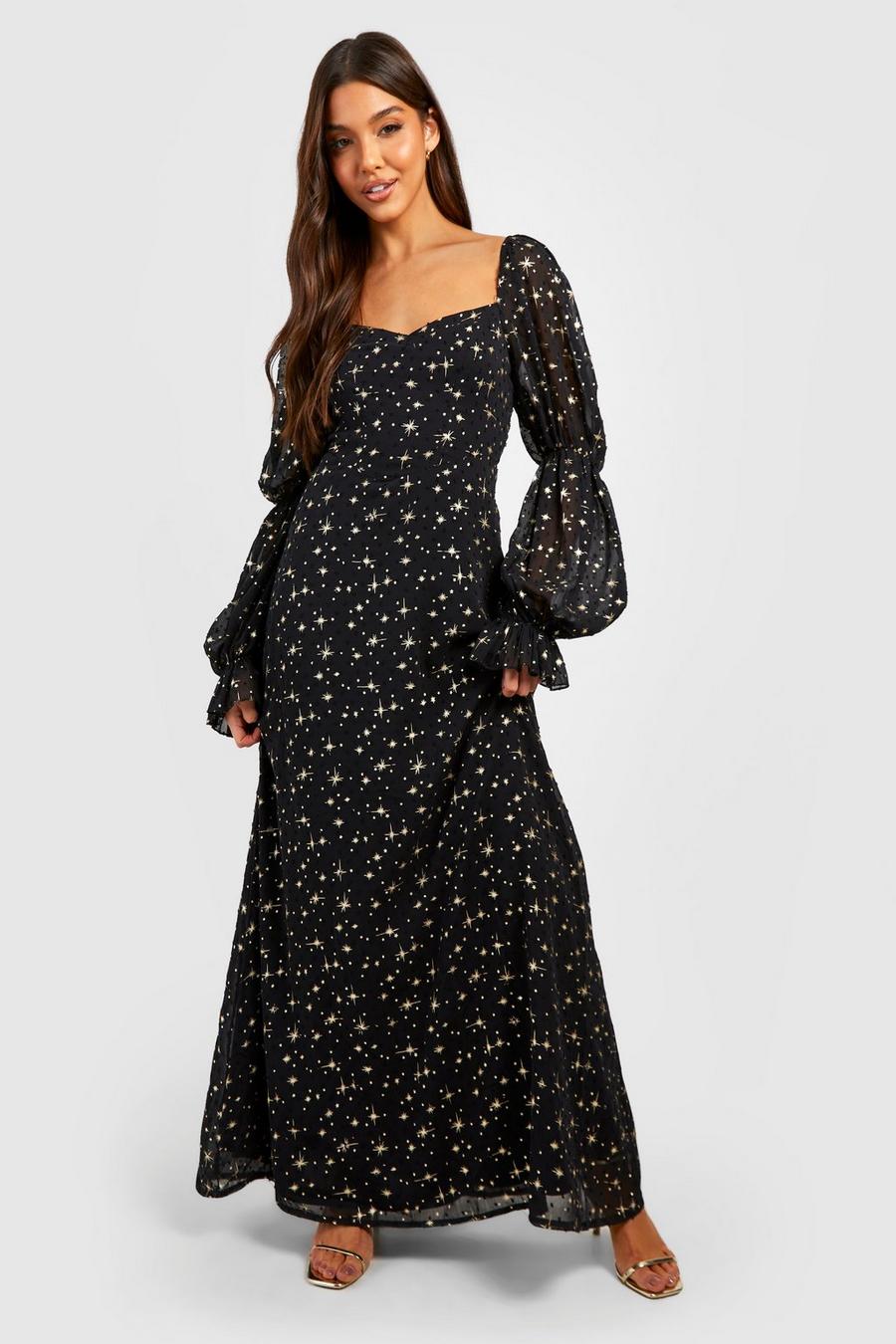 Black svart Star Print Chiffon Milkmaid Maxi Dress