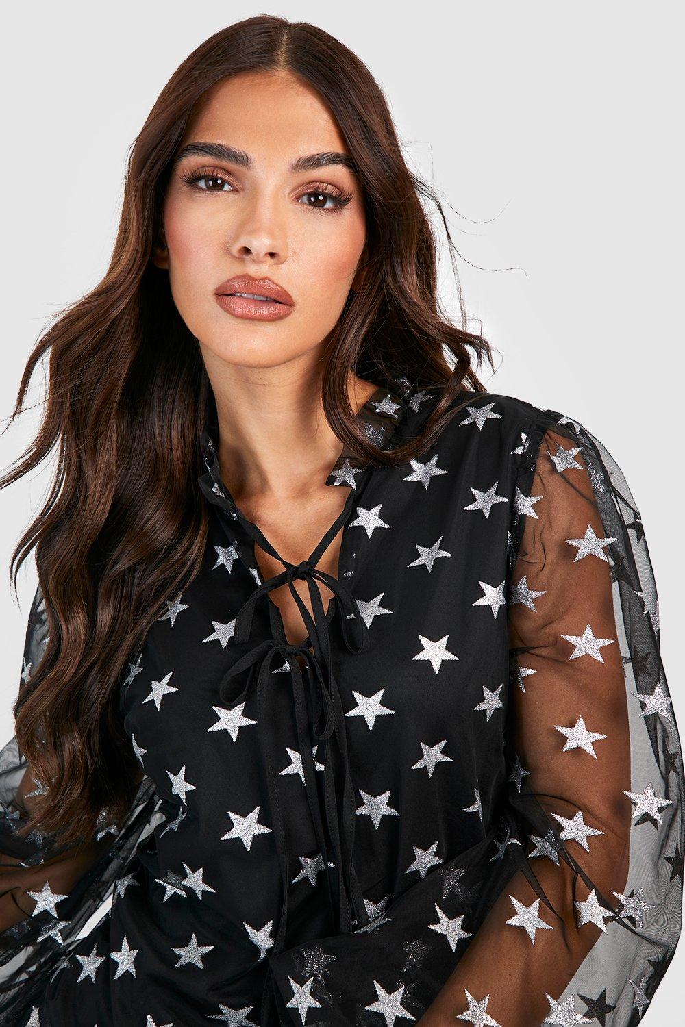Star Print Chiffon Tie Neck Smock Dress | boohoo