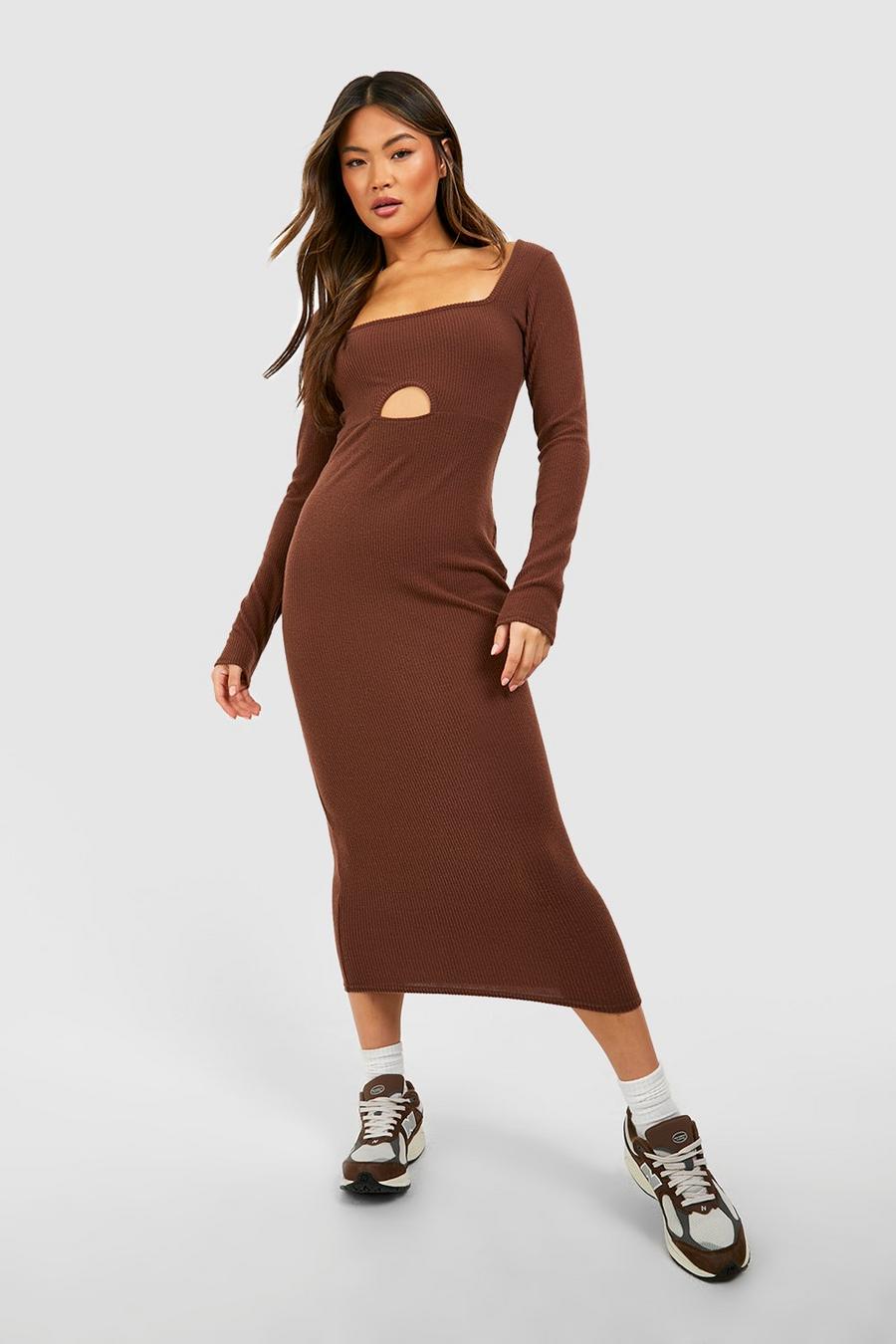 Weiches geripptes Cut-Out Midikleid, Chocolate