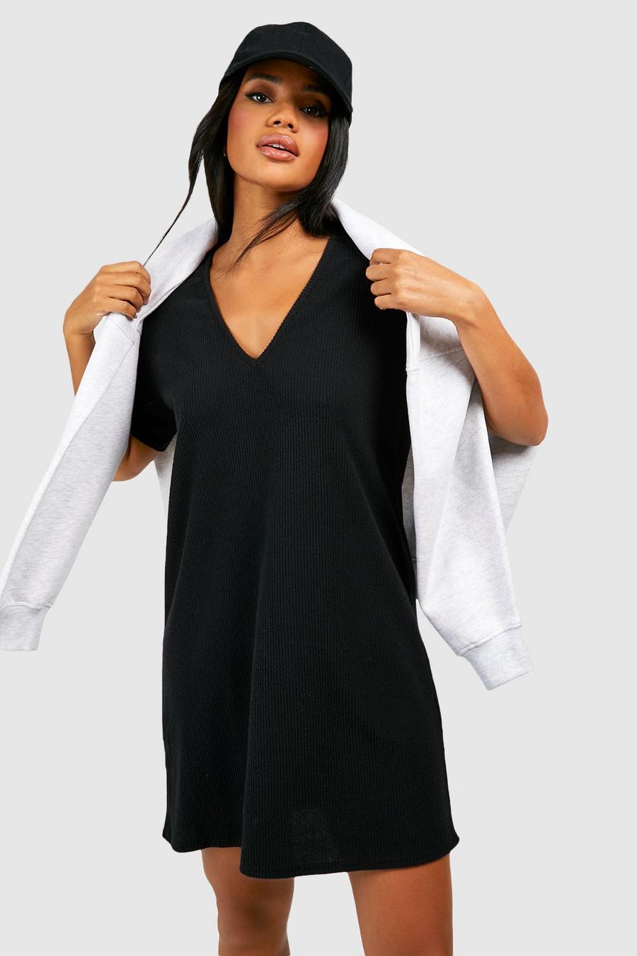 Black Soft Rib Oversized Tshirt Dress image number 1