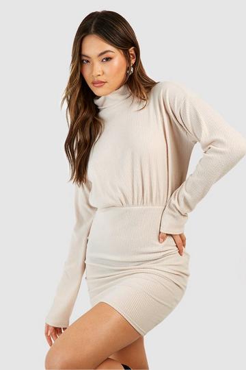 Stone Beige Soft Rib Turtleneck Mini Dress