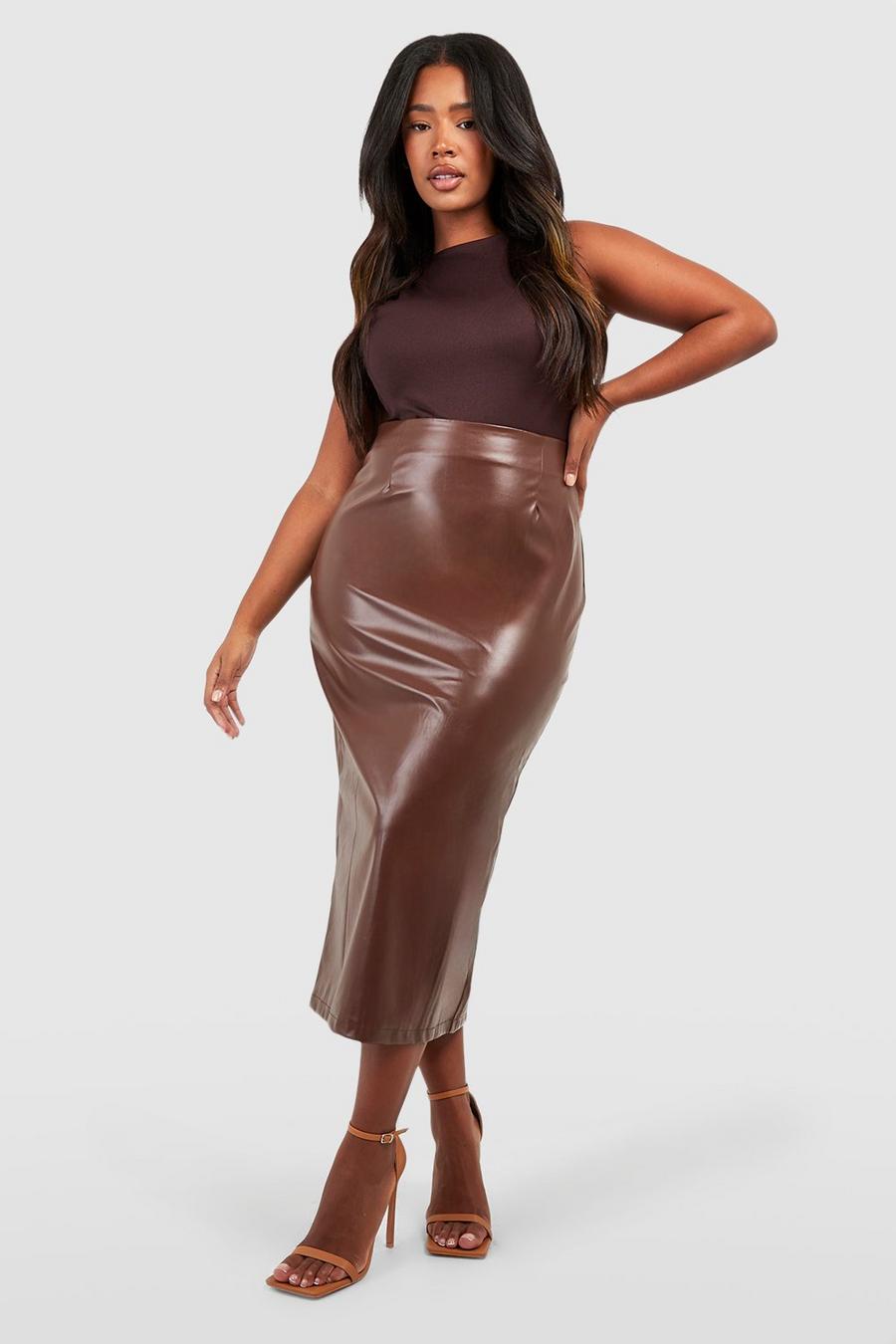 Falda Plus midaxi de cuero sintético con abertura en la espalda, Chocolate image number 1