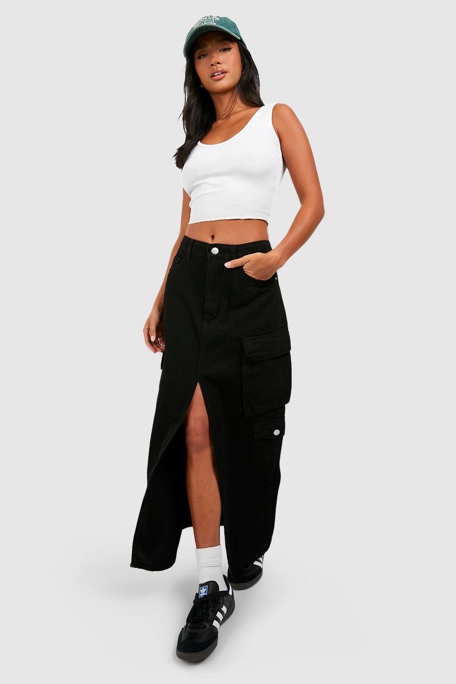 Black svart Petite Cargo Denim Maxi Skirt 