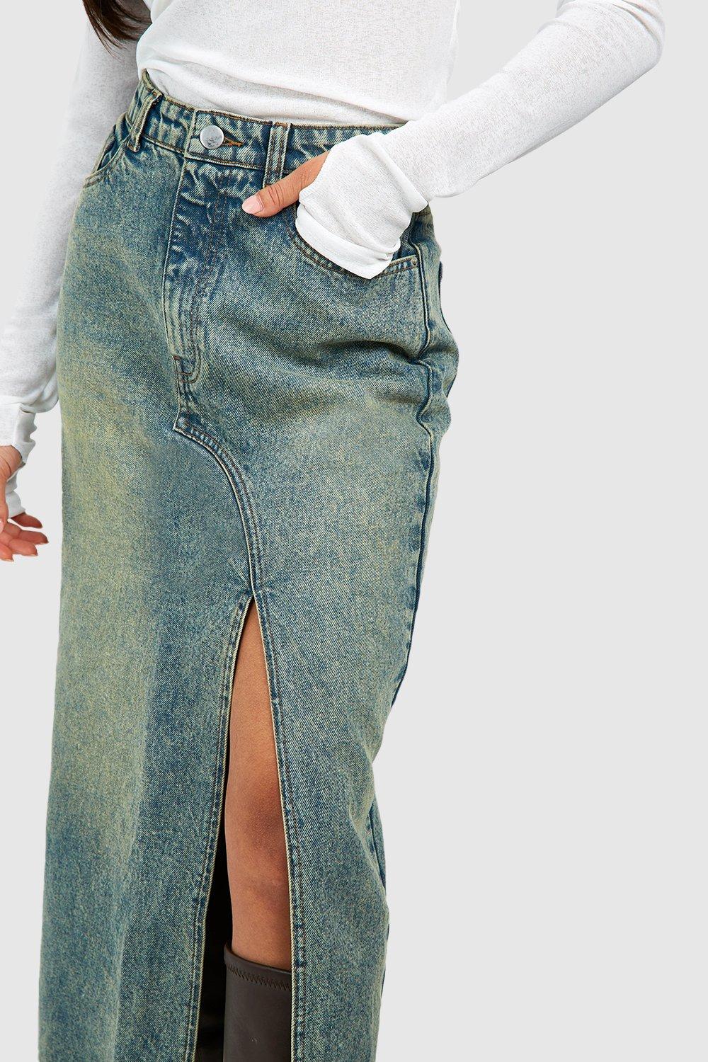 Petite Vintage Wash Asymmetric Denim Maxi Skirt