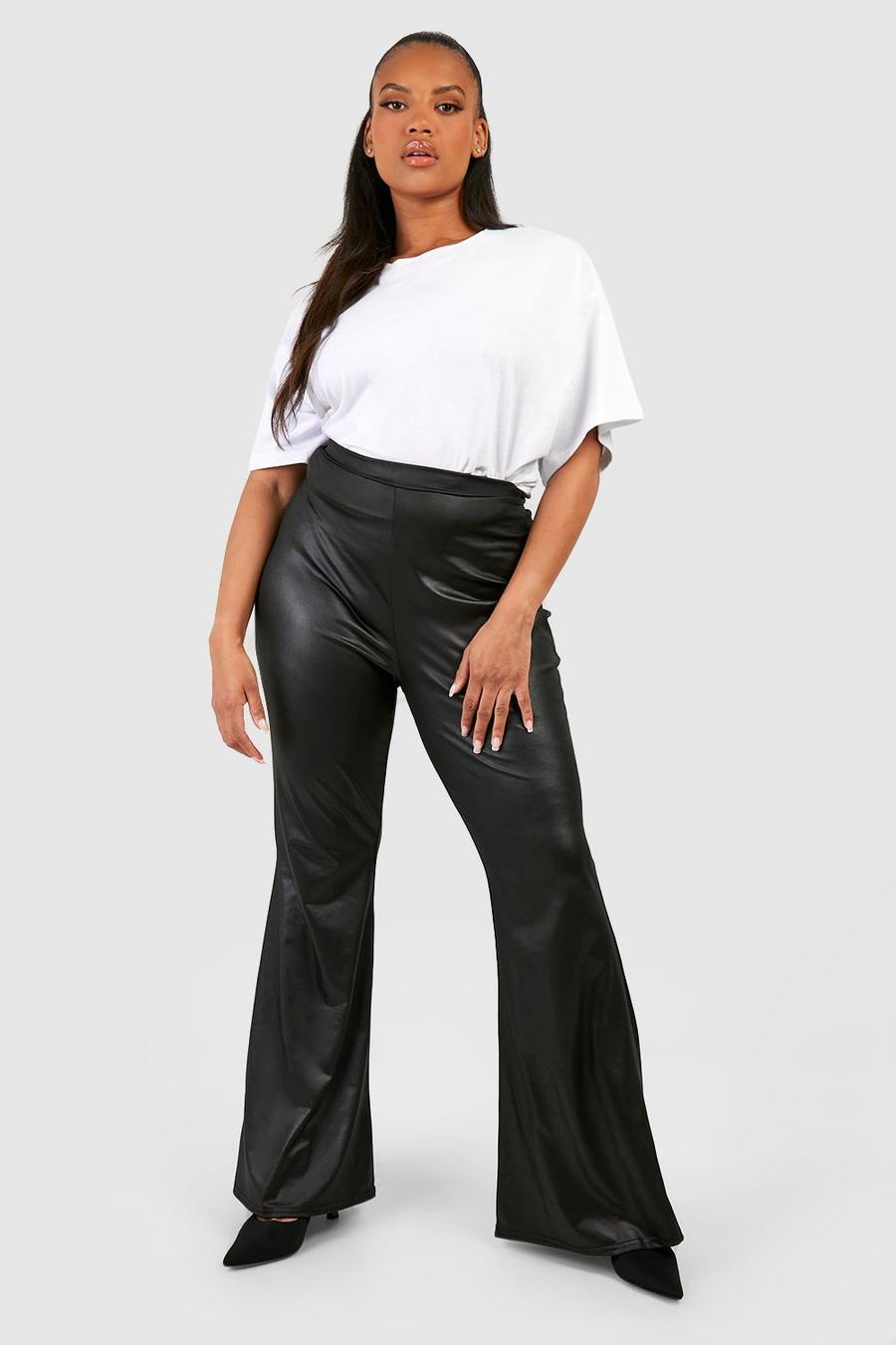 Pantaloni a zampa Plus Size a vita alta effetto bagnato, Black image number 1