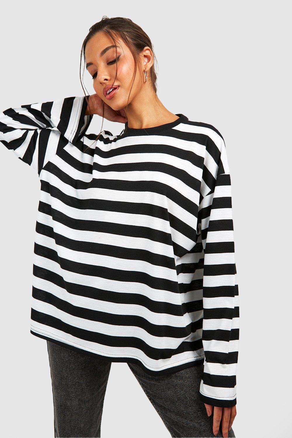 womens black and white striped long sleeve t shirt