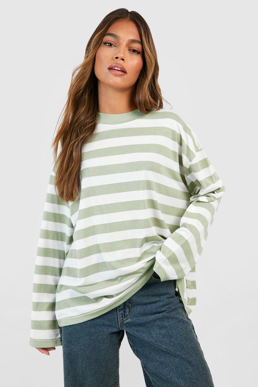 Olive Wide Sleeve Striped T-shirt  image number 1