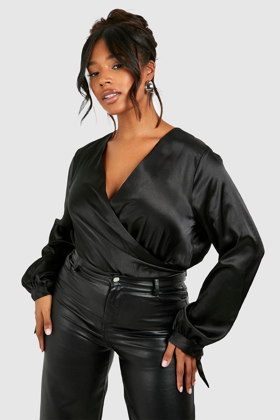 Black Plus Drape Satin Wrap Bodysuit image number 1
