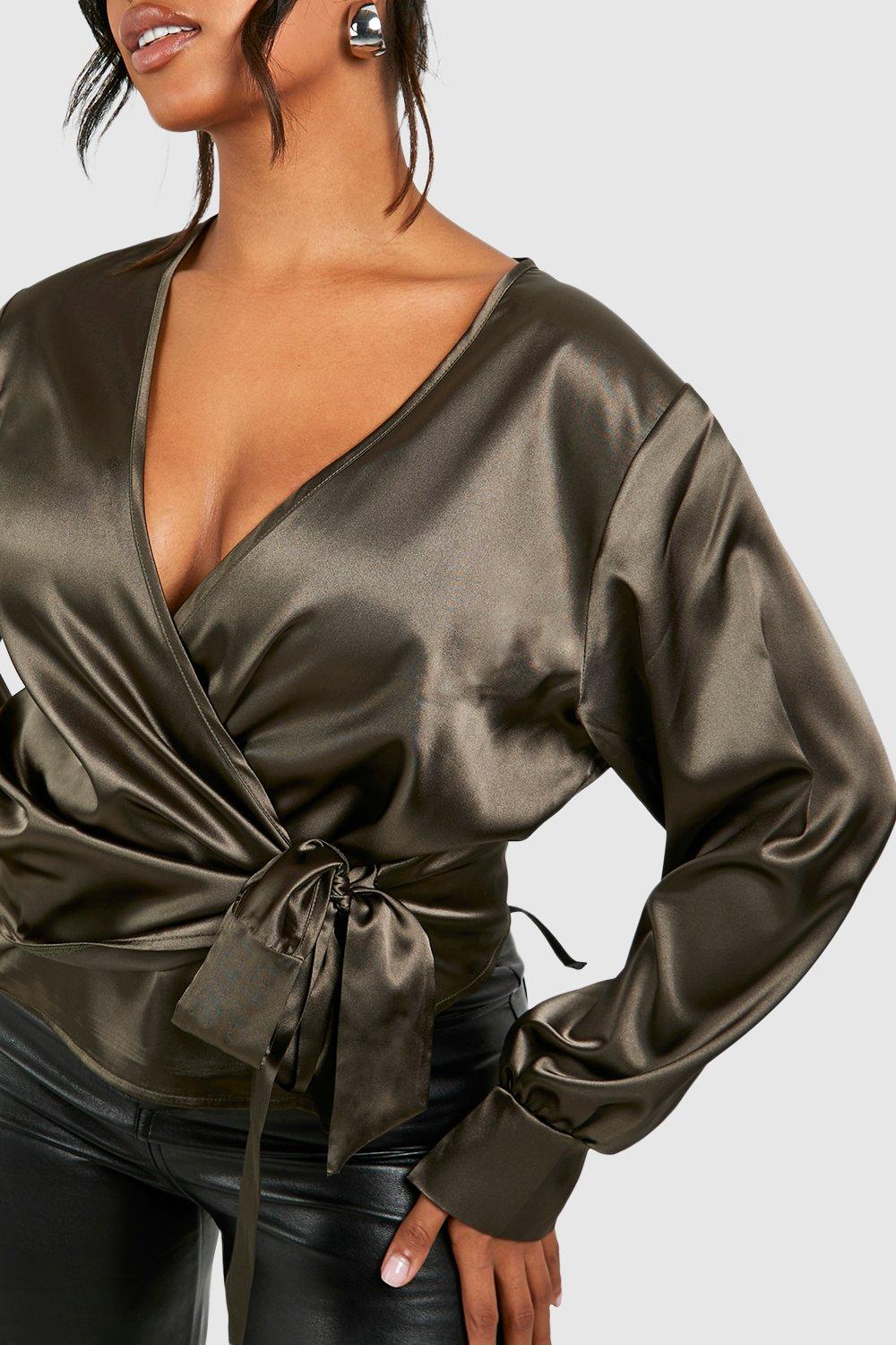 Plus Satin Wrap Tie Blouse