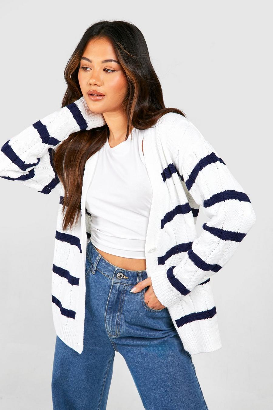 Ivory Chunky Cable Stripe Boyfriend Cardigan image number 1