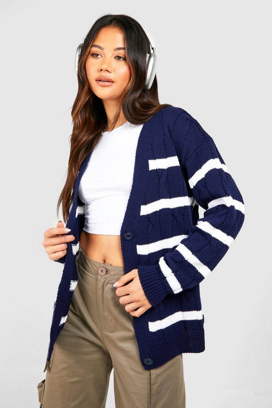 Navy Chunky Cable Stripe Boyfriend Cardigan image number 1