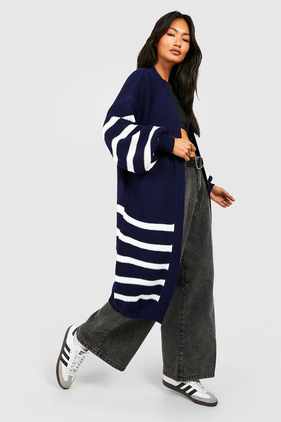 Cardigan maxi a righe con maniche a palloncino, Navy image number 1