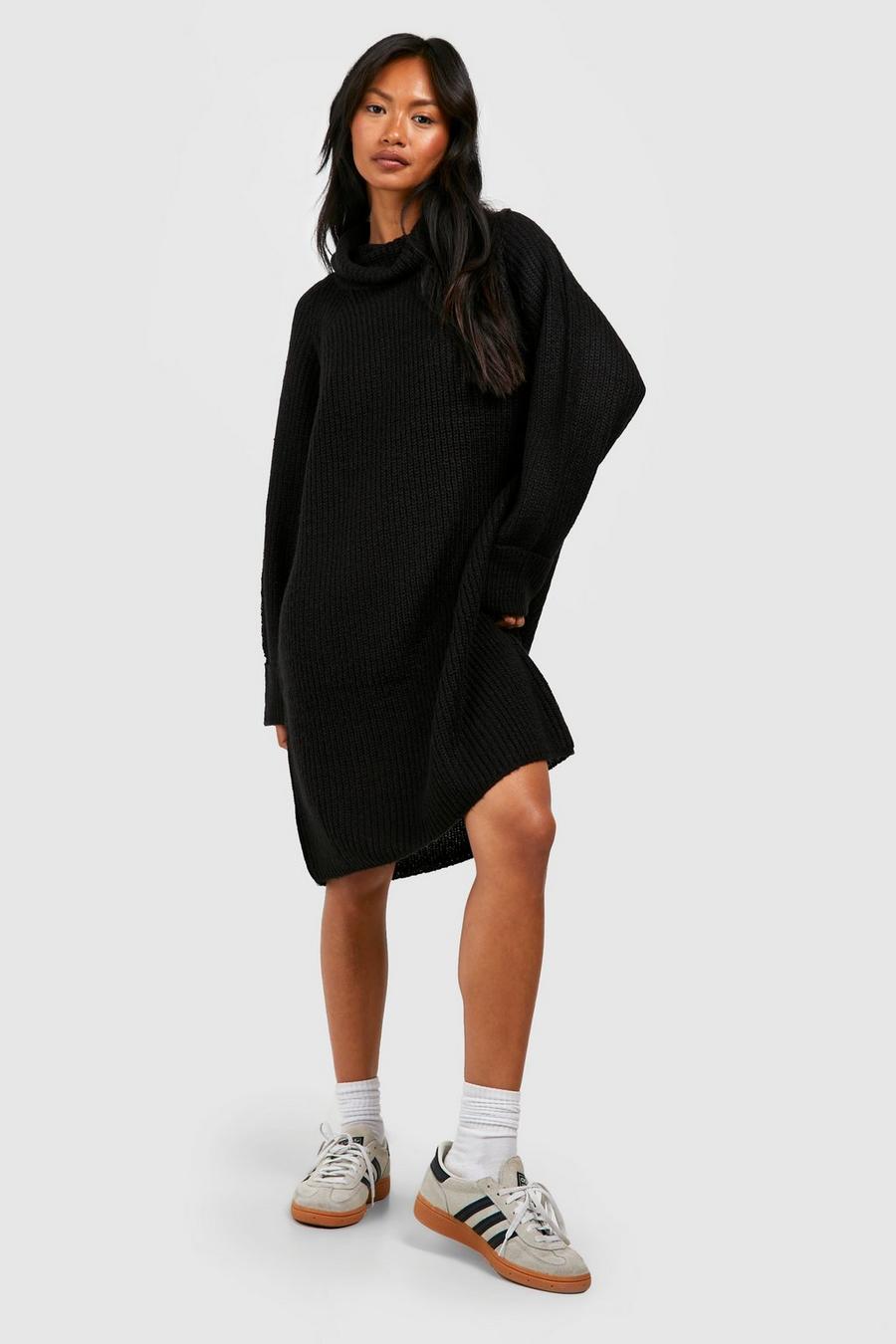 Miniabito in maglia a collo alto con risvolti sui polsini, Black image number 1