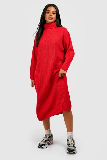 Red Turtleneck Midi Sweater Dress