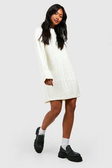 Cable Knit Mini Sweater Dress cream