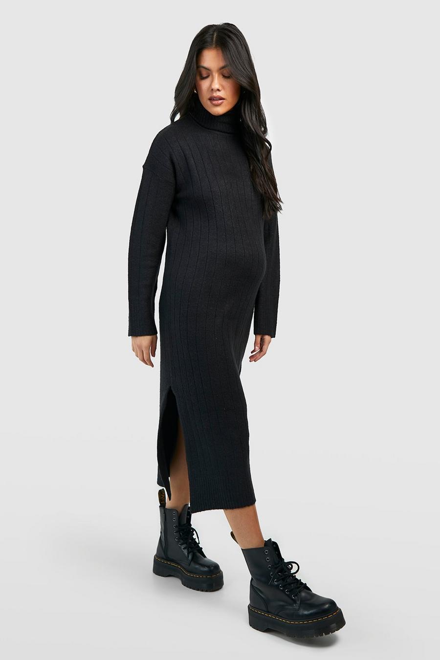 Black Maternity Cable Knit Turtleneck Midi Dress image number 1