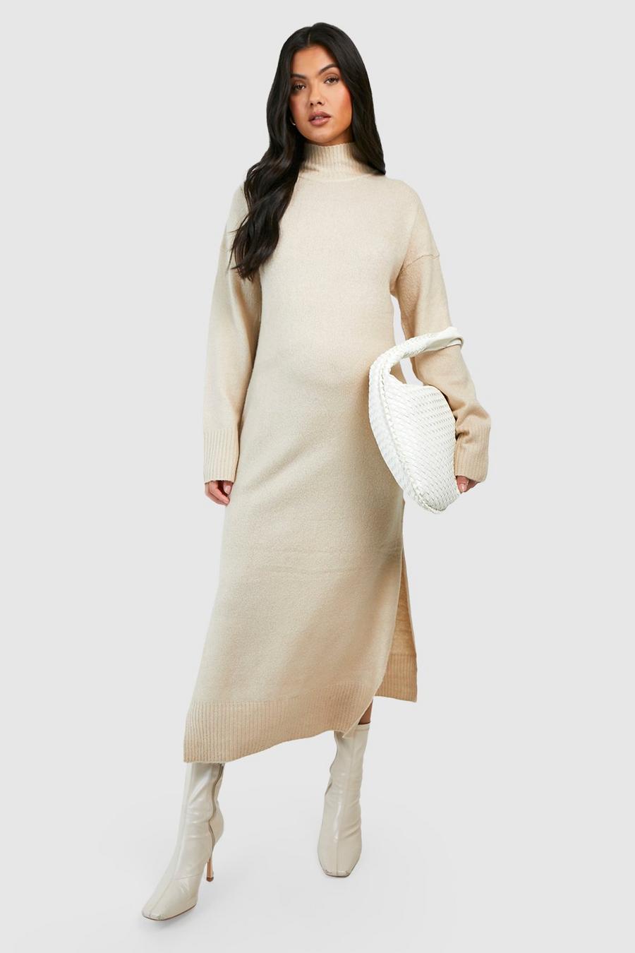 Stone beige Maternity High Neck Knitted Midaxi Dress
