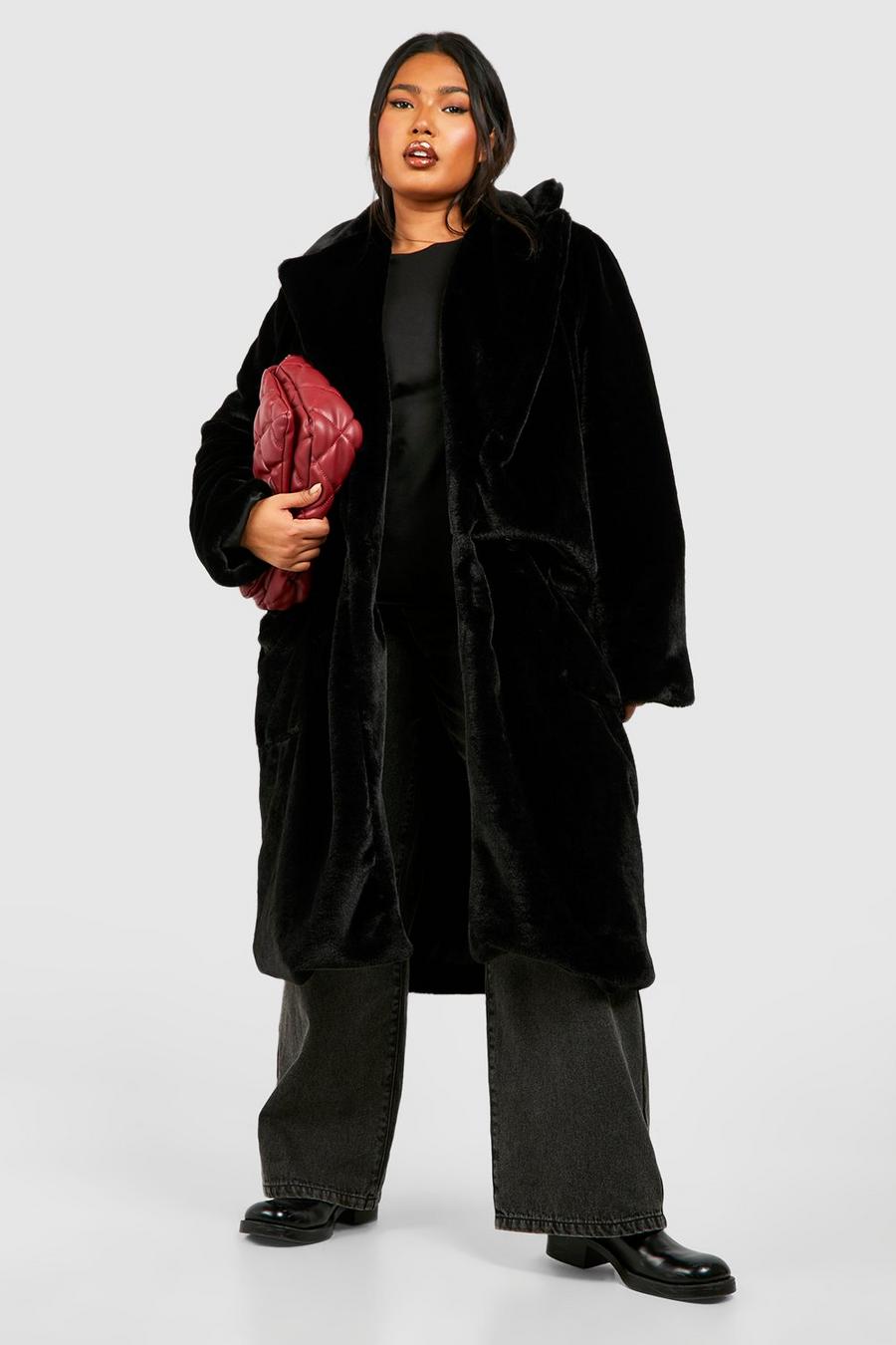 Black Plus Faux Fur Longline Overcoat image number 1