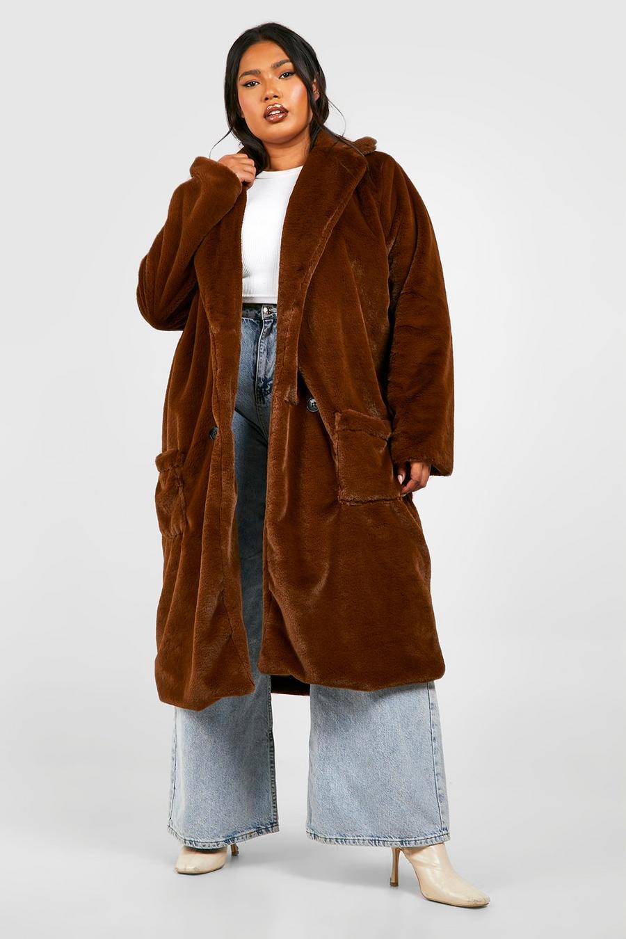 Brown Plus Long Line Faux Fur Overcoat image number 1
