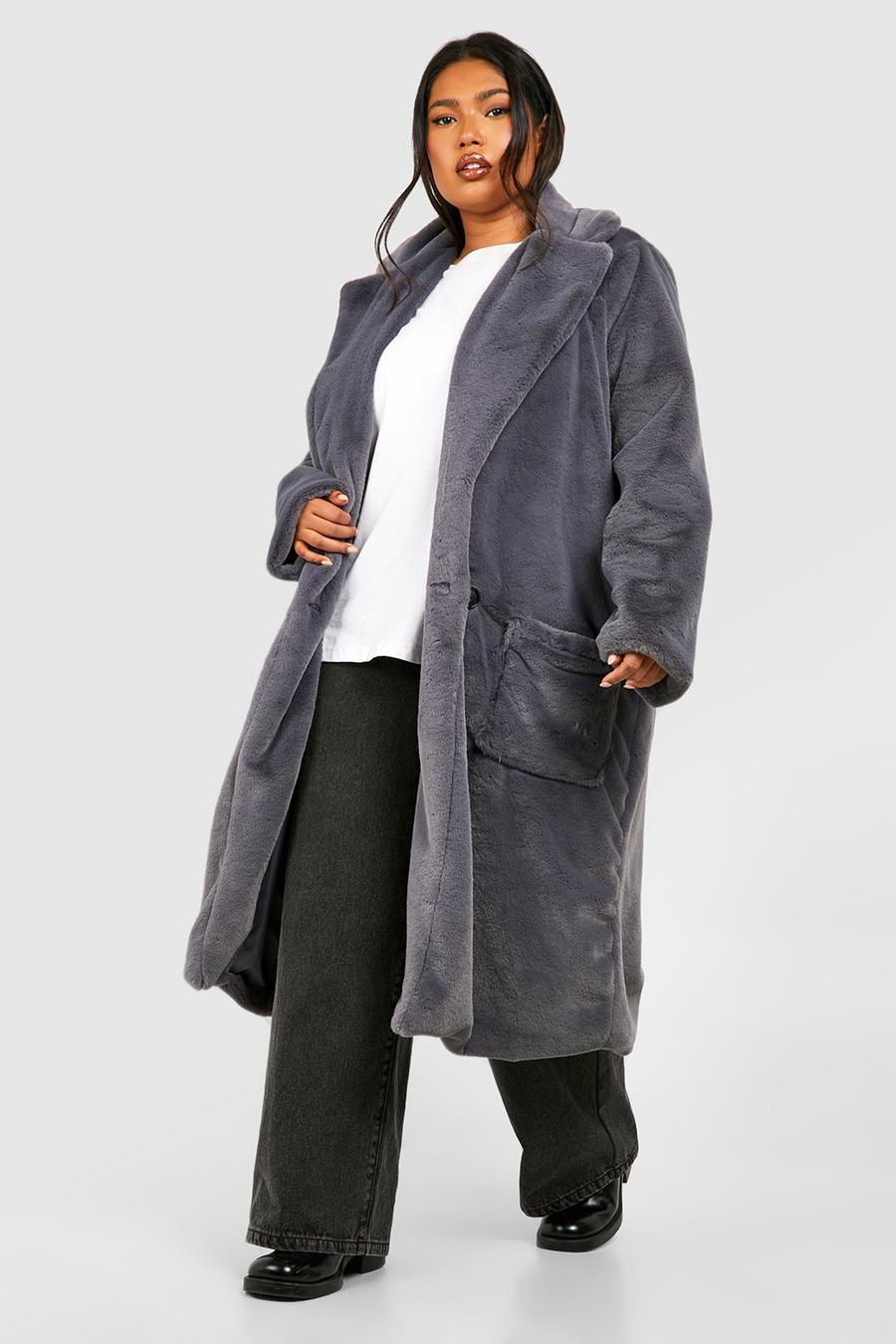 Charcoal Plus Long Line Faux Fur Overcoat image number 1
