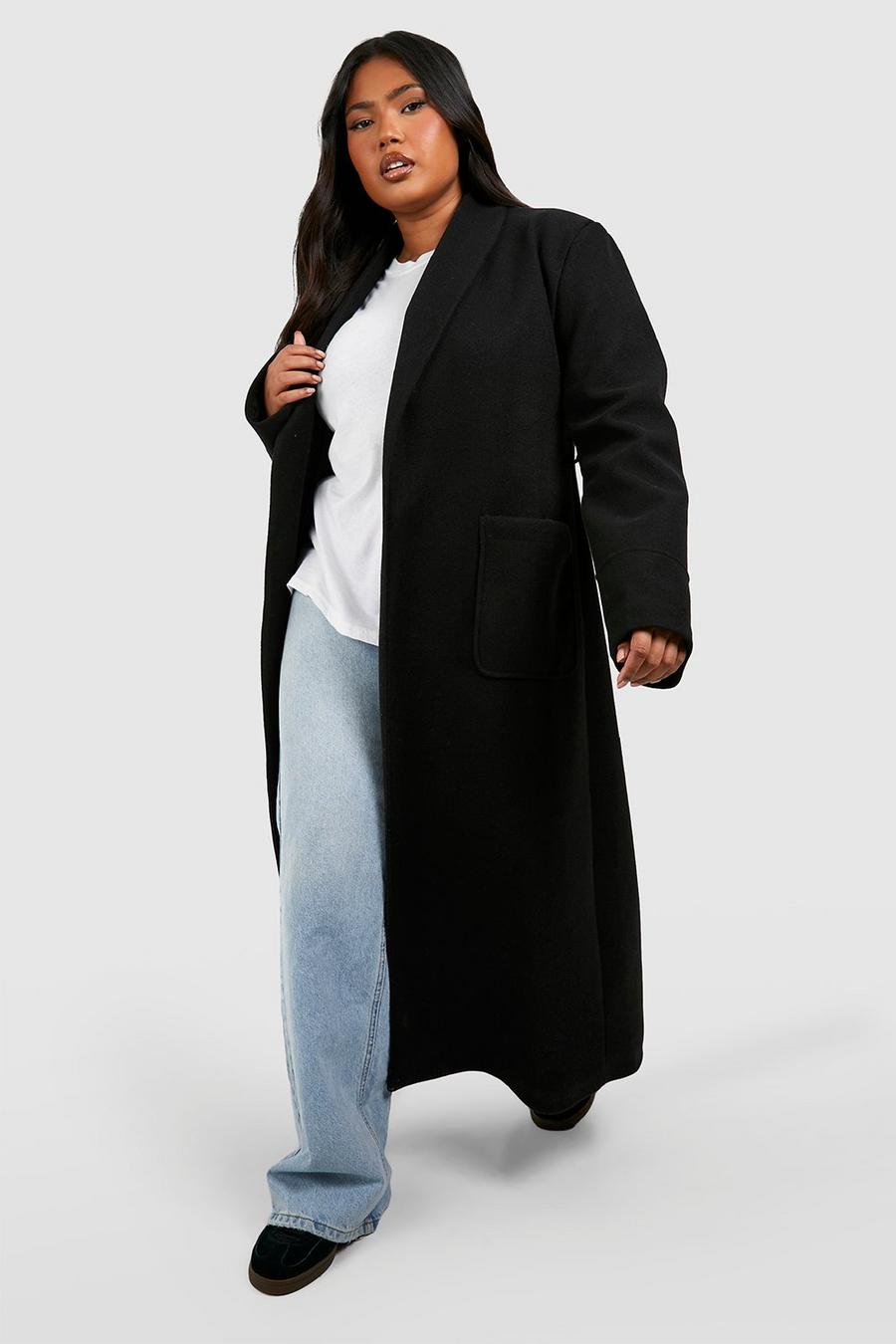 Black Plus Wool Look Belted Longline Jacket  image number 1