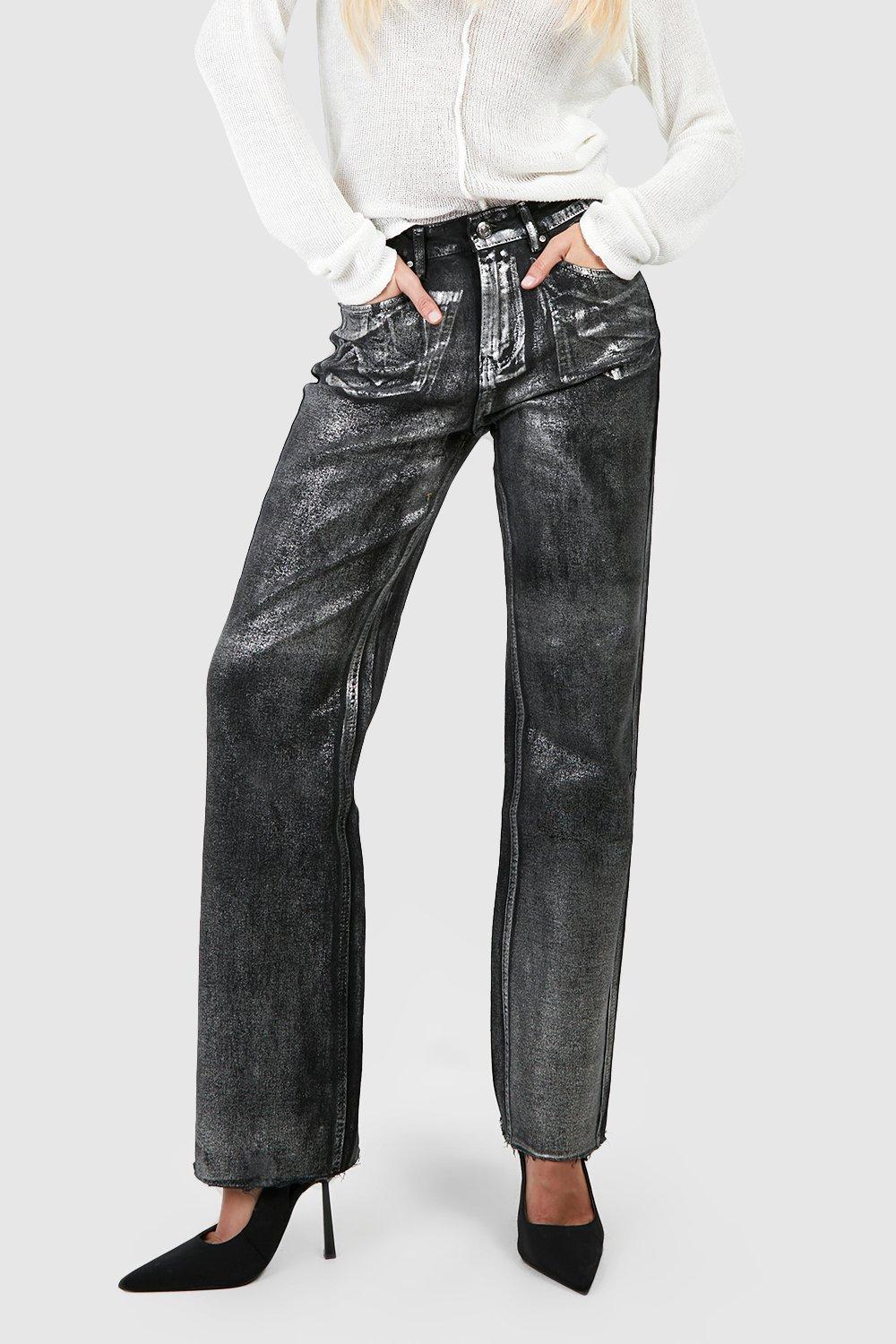 Distressed Metallic Coated Denim Jeans