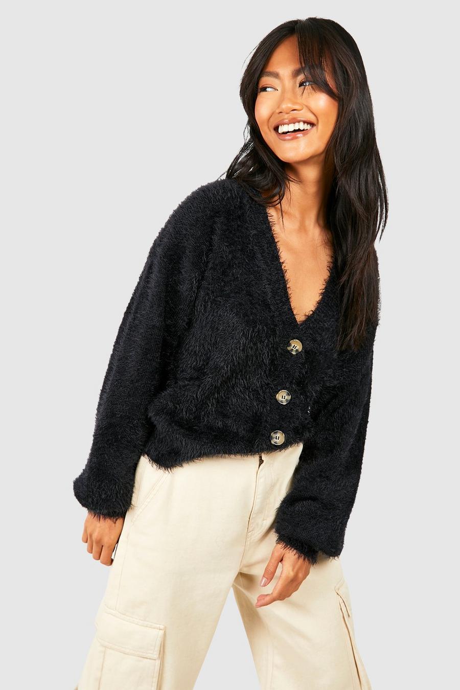Black Fluffy Knit Slouchy Crop Cardigan image number 1